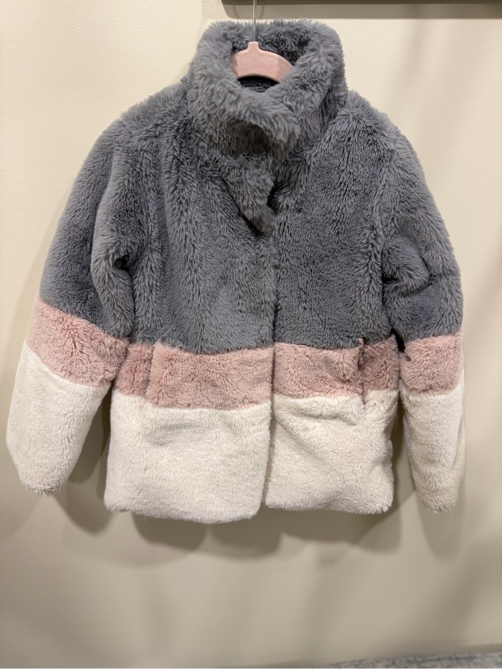 C&C California Girls Plush Faux Fur Jacket in Gray, Pink & White
